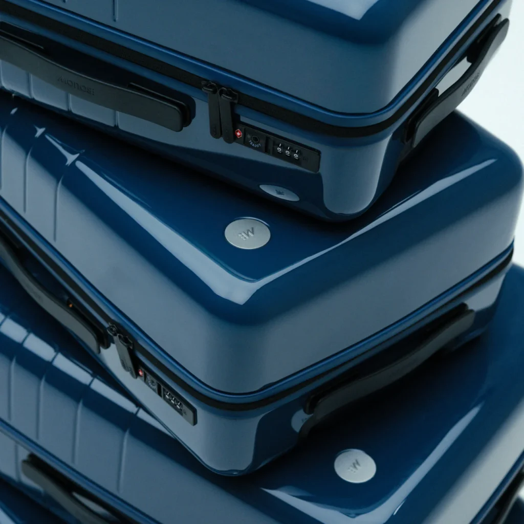 A stack of glossy blue Monos suitcases with visible TSA locks and metal logo badges.