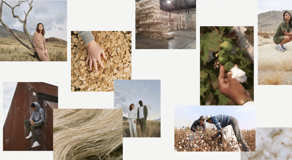 A collage of images showing models outdoors, cotton plants, wood chips, fabric fibers, and cotton harvesting, representing sustainable material sourcing.