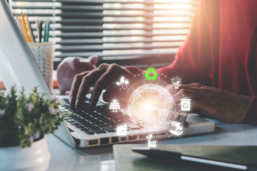 ESG concept of environmental, light bulb with esg icon on virtual screen, social and corporate governance concept.